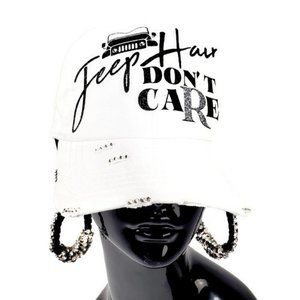 Jeep Hair Don't Care White Distressed Cap with Swarovski Crystals.